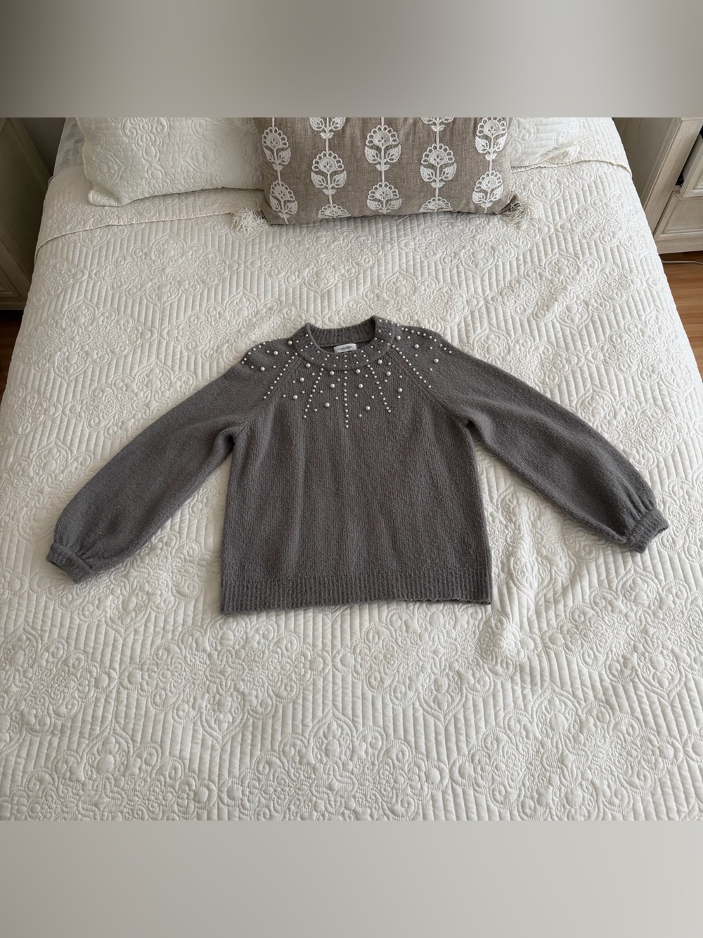 Calvin Klein Heather Grey Pearl Embellished Yoke Sweater Size Small